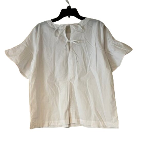 Loft White Cotton Blouse w/Flutter Sleeves and Double Tie Closure - Medium - Picture 3 of 5